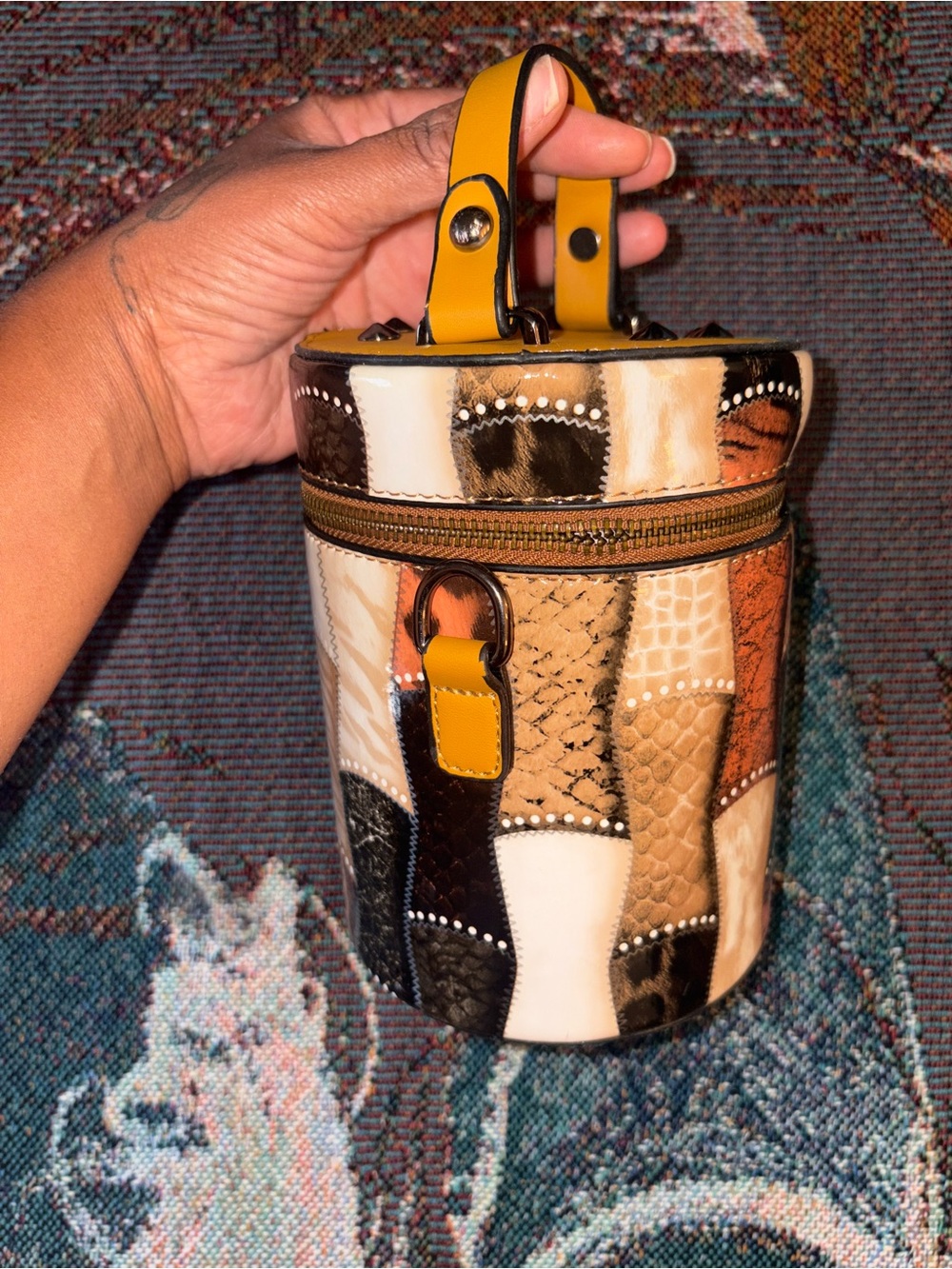 Patchwork Leather Cylinder Handbag in Multi-Tone Brown & Yellow
